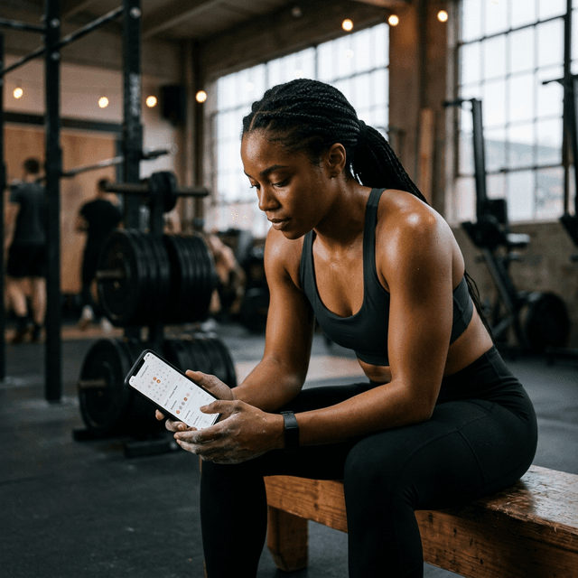 Atleta enfocada revisando sus datos en el gym